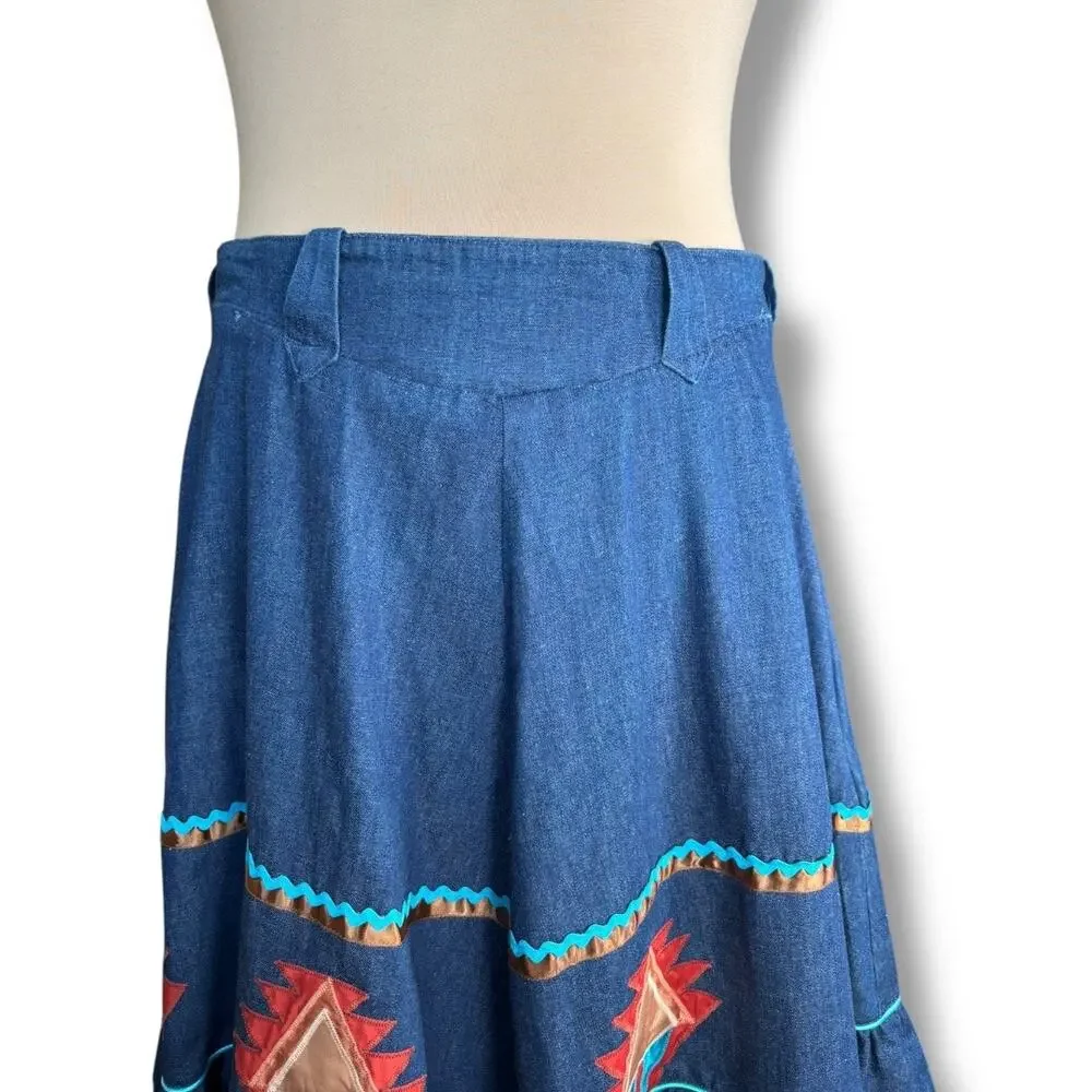 Vintage Handmade Southwest Denim Skirt Tiered Ruffle Hem‎ Abstract Art Appliqué